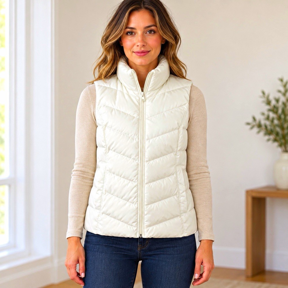 Lands' End Women's White Puffer Vest Down Insulated Full Zip Petite M/P Flaw